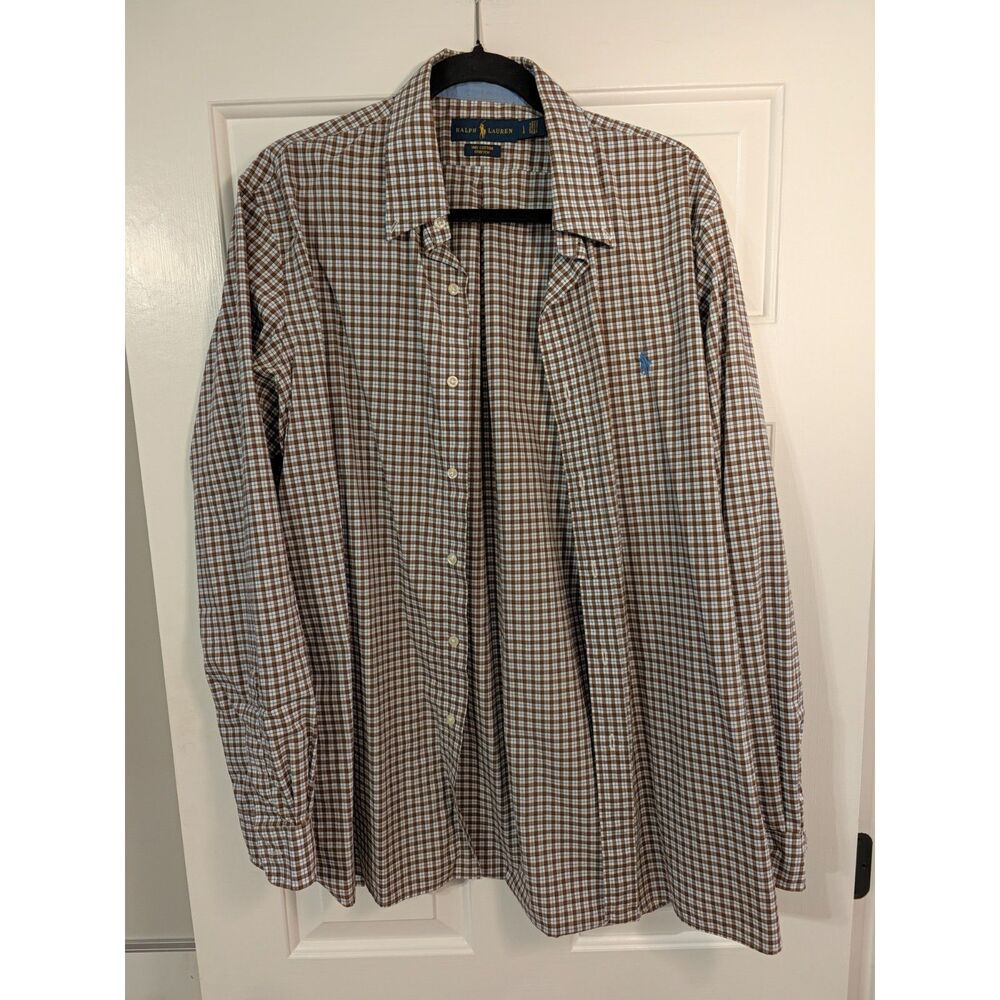 Polo Ralph Lauren Men's L Brown Blue Gingham Check Stretch Button Down Pony